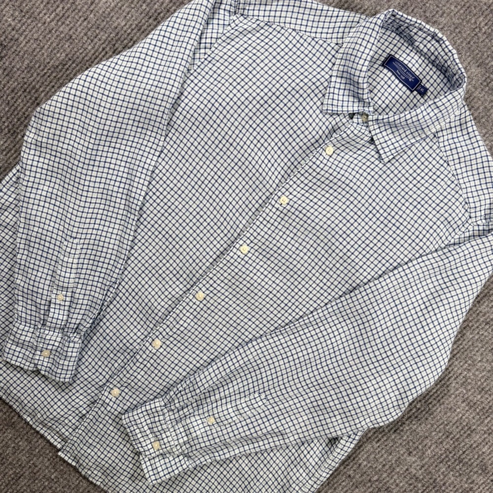 Vineyard Vines Mens XL Blue White Tattersall Check Linen Long Sleeve Button Down
